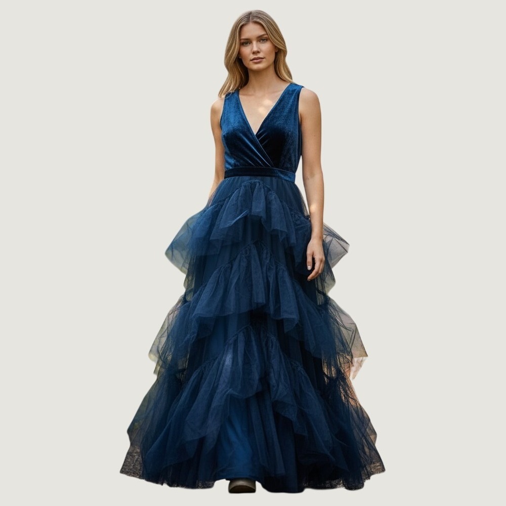 BCBGMAXAZRIA Tiered Gown Women 8 Poseidon Blue Velvet Tulle Sleeveless Dress